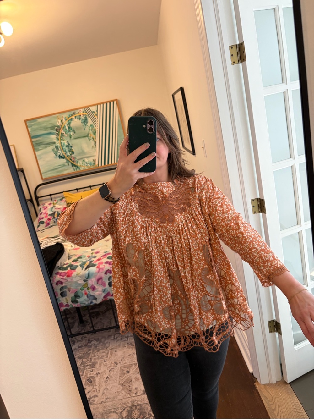 Anthropologie Crochet-Trim Floral Peasant Blouse